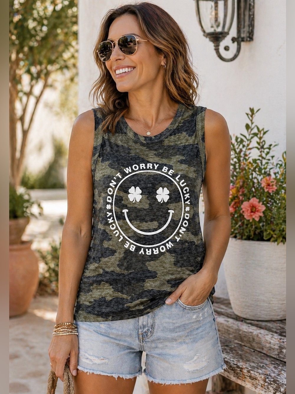 Lucky Brand Camo Graphic Tank Top Small Smiley Face Don’t Worry Be Lucky Soft